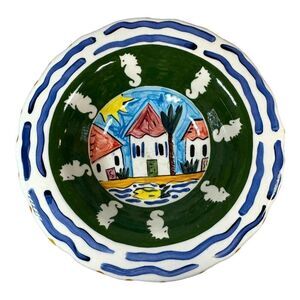 Vintage Mexico Seahorse Hand-Painted Pottery Bowl Coastal Village Design By Wick